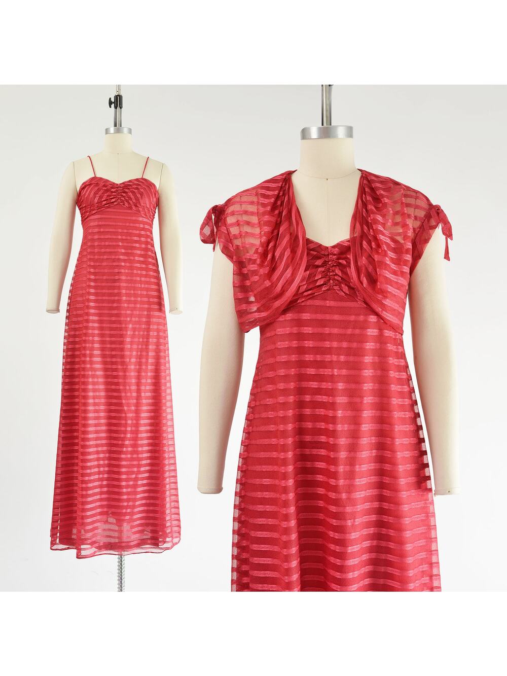 Vintage 70s Crimson Red Empire Waist Spaghetti Strap Maxi Dress Bolero Jacket XS